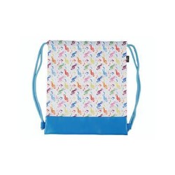 Mochila blanca y azul con notas colores