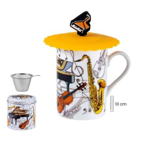 Taza con filtro y tapa en lata instrumentos musicales